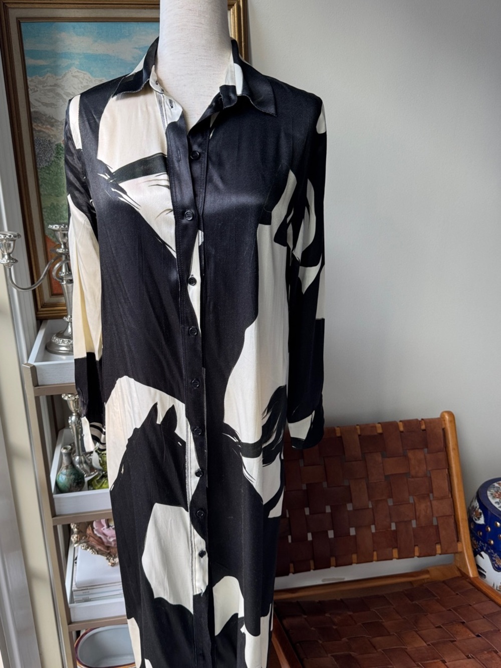 Zara Black and Cream Abstract Button-Front Long Sleeve Dress